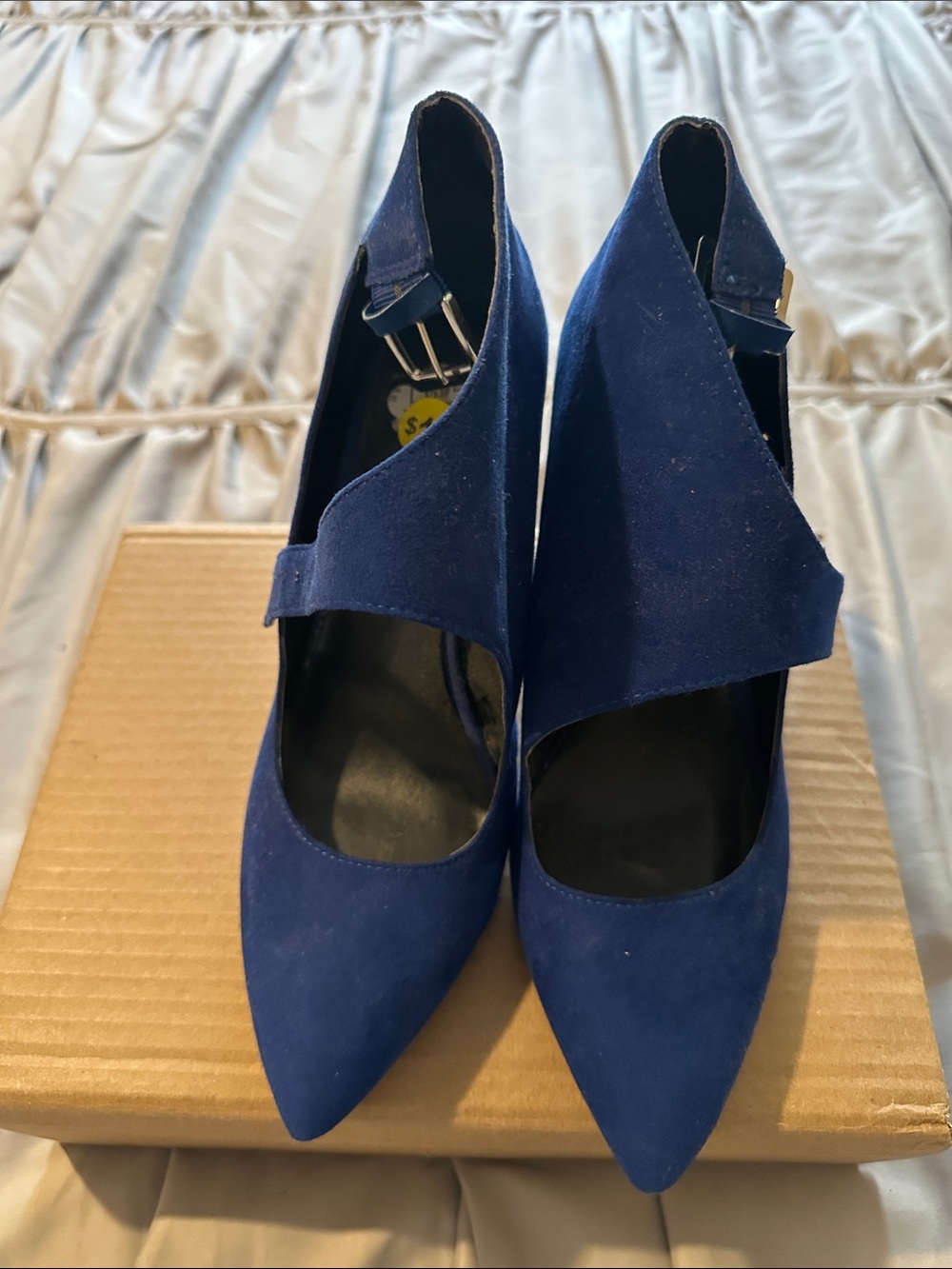 Nine West Navy Blue Pointed Toe Asymmetric Ankle Strap Heels